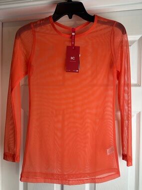 IC Collection Coral Sheer Mesh Crew Neck Long Sleeve Knit Top Size XS